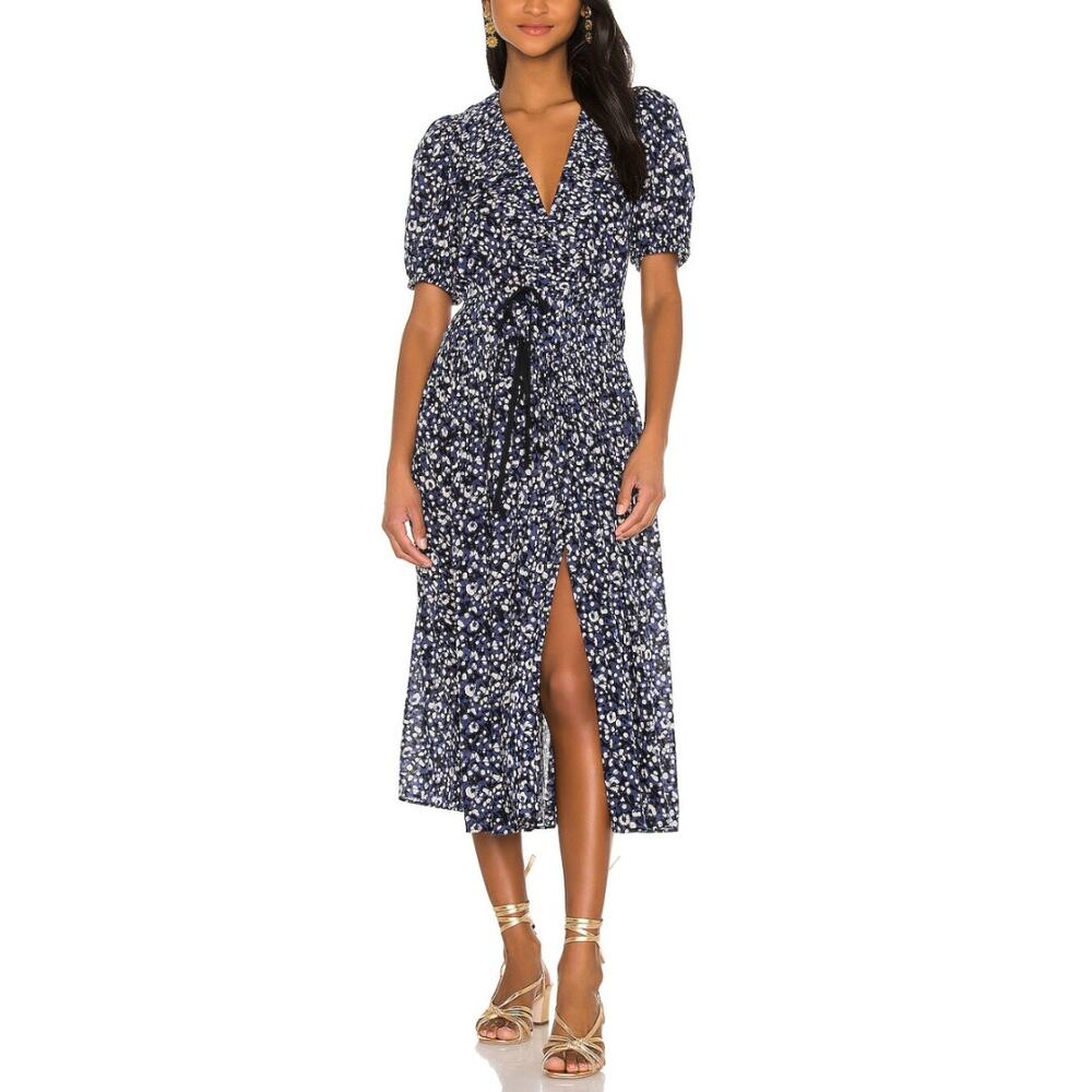 Ulla Johnson Kemala Dress Indigo Blue Wrap Tie Front Puff Sleeve Swing Midi 12 - Picture 1 of 8